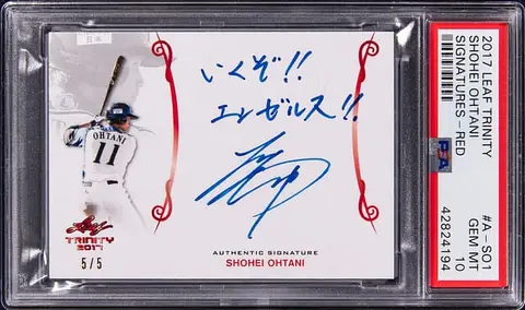 2017 Leaf Trinity Signatures Red #A-SO1 Shohei Ohtani Signed, Inscribed in Japanese Rookie Card (#5/5) - PSA GEM MT 10 - Pop 2