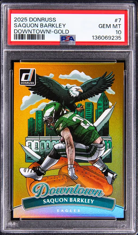 2025 Panini Donruss Downtown! Gold #7 Saquon Barkley (#03/10) - PSA GEM MT 10 - Pop 5