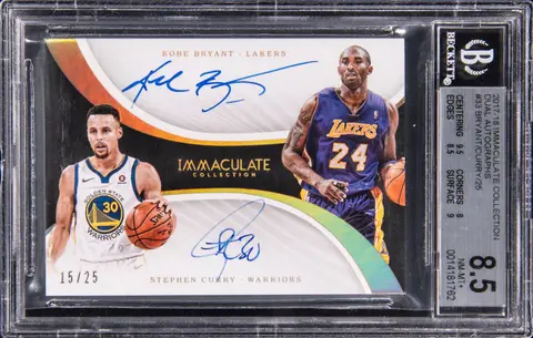 2017-18 Panini Immaculate Collection Dual Autographs #D-SCOR2 Kobe Bryant/Stephen Curry Dual-Signed Card (#15/25) - BGS NM-MT+ 8.5 - Pop 4