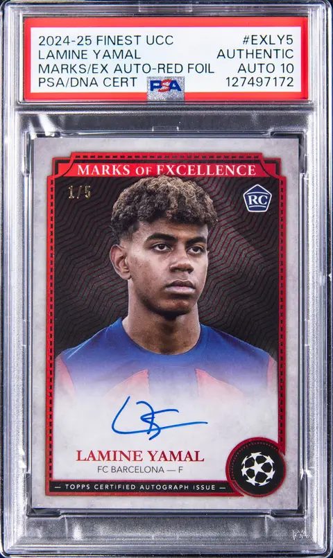 2024-25 Topps Finest UCC Marks of Excellence Autographs Red Foil #EX-LY5 Lamine Yamal Signed Rookie Card (#1/5) - PSA Authentic, PSA/DNA GEM MT 10