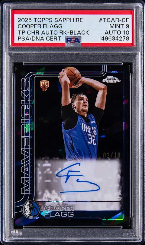 2025-26 Topps Chrome Sapphire Edition Topps Chrome Autographs Rookies Black Sapphire #TCAR-CF Cooper Flagg Signed Rookie Card (#02/10) - College Jersey Number - PSA MINT 9, PSA/DNA GEM MT 10