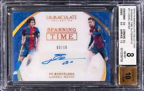 2018-19 Panini Immaculate Collection Spanning Time Autograph #ST-LM Lionel Messi Signed Card (#03/10) - BGS NM-MT 8, Beckett 10