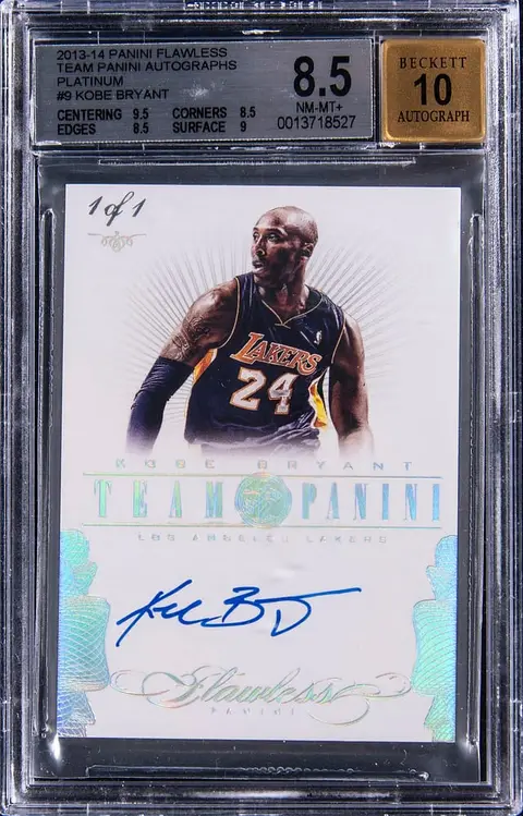 2013-14 Panini Flawless Team Panini Autographs Platinum #TM-KB4 Kobe Bryant Signed Card (#1/1) - BGS NM-MT+ 8.5, Beckett 10