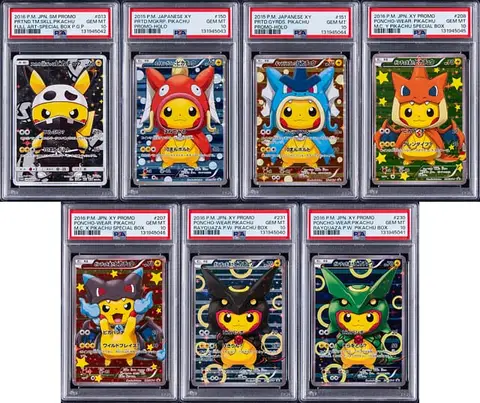 2015-16 Pokemon Japanese XY/Sun & Moon Promo Poncho-Wearing Pikachu/Pretend Pikachu PSA GEM MT 10 Collection (7 Different) - Sequential PSA Certification Numbers