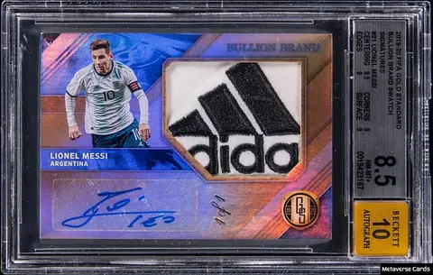 2019-20 Panini FIFA Gold Standard Bullion Brand Swatch Signatures #BS-LM Lionel Messi Signed Patch Card (#1/1) - BGS NM-MT+ 8.5, Beckett 10