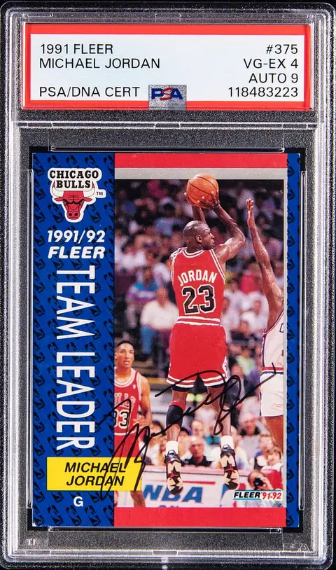 1991-92 Fleer #375 Michael Jordan Signed Card - PSA VG-EX 4, PSA/DNA MINT 9 - Pop 1
