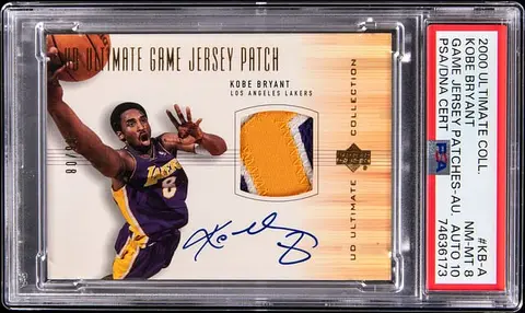 2000-01 Upper Deck Ultimate Collection Game Jersey Patch Autograph #KB-A Kobe Bryant Signed Game-Used Patch Card (#06/08) - PSA NM-MT 8, PSA/DNA GEM MT 10 - Pop 2