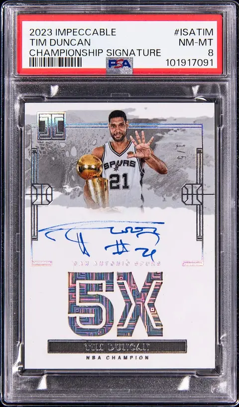 2023-24 Panini Impeccable Championship Signature #ISA-TIM Tim Duncan Signed Card (#1/5) - PSA NM-MT 8 - Pop 1