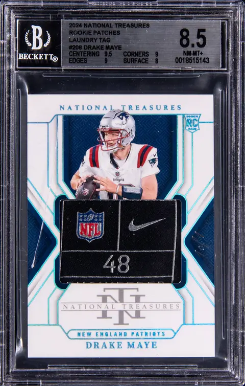 2024 Panini National Treasures Rookie Patches Laundry Tag #208 Drake Maye Patch Rookie Card (#1/1) - BGS NM-MT+ 8.5
