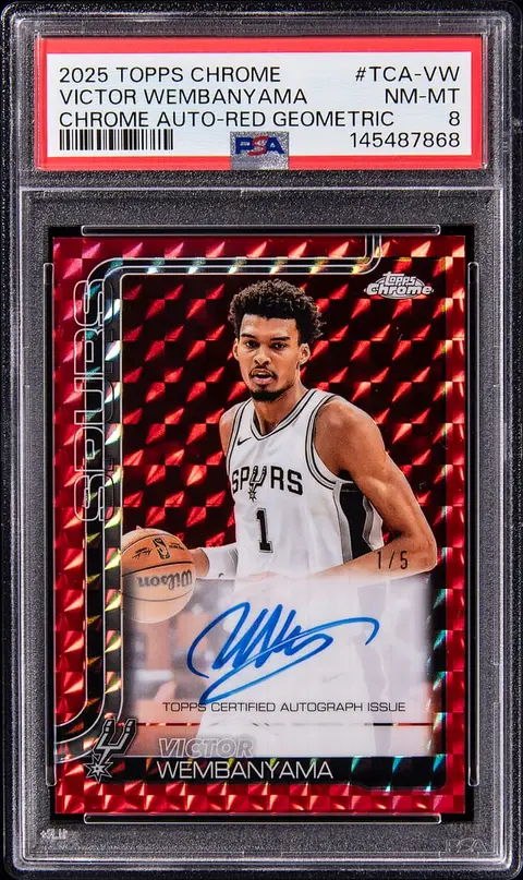 2025-26 Topps Chrome Autograph Red Geometric Refractor #TCA-VW Victor Wembanyama Signed Card (#1/5) - Jersey Number - PSA NM-MT 8 - Pop 2