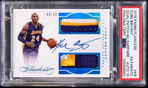 2015-16 Panini Flawless Dual Patch Autographs Sapphire #DPA-KB Kobe Bryant Signed Patch Card (#03/10) - PSA Authentic, PSA/DNA GEM MT 10