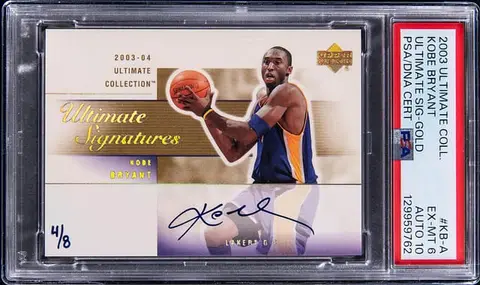 2003-04 Upper Deck Ultimate Collection Ultimate Signatures Gold #KB-A Kobe Bryant Signed Card (#4/8) - PSA EX-MT 6, PSA/DNA GEM MT 10