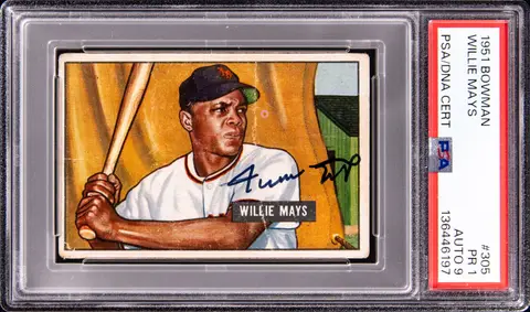 1951 Bowman #305 Willie Mays Signed Rookie Card - PSA PR 1, PSA/DNA MINT 9