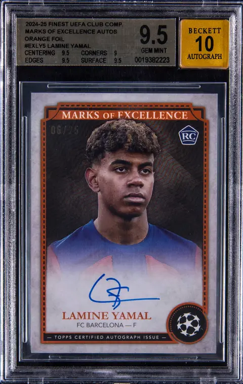 2024-25 Topps Finest UCC Marks of Excellence Autographs Orange Foil #EX-LY5 Lamine Yamal Signed Rookie Card (#06/25) - BGS GEM MINT 9.5, Beckett 10 - Pop 2
