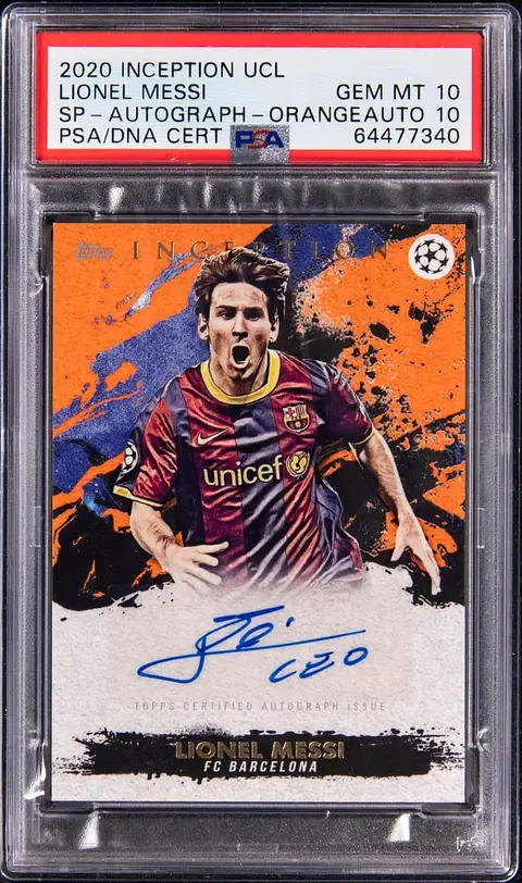 2020-21 Topps Inception UCL SP Autograph Orange Lionel Messi Signed Card (#4/5) - PSA GEM MT 10, PSA/DNA GEM MT 10 - Pop 1