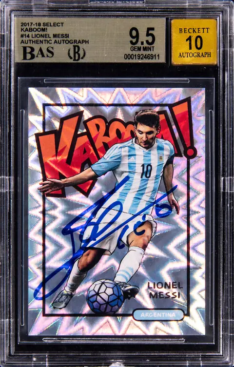 2017-18 Panini Select Kaboom! #14 Lionel Messi Signed Card - BGS GEM MINT 9.5, Beckett 10