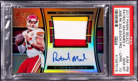 2017 Panini Select Jumbo Rookie Signature Swatch Prizm Copper Prizm #JM-PM Patrick Mahomes II Signed Patch Rookie Card (#09/15) - PSA GEM MT 10 - Pop 3