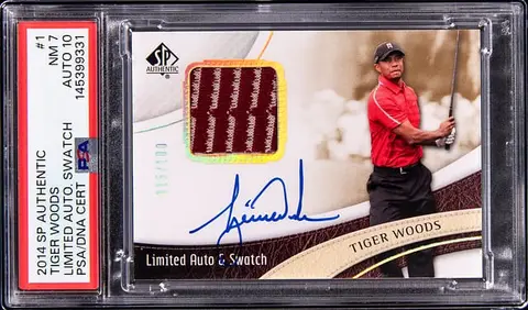 2014 Upper Deck SP Authentic Limited Autograph Swatch #1 Tiger Woods Signed Tournament-Worn Patch Card (#015/100) - PSA NM 7, PSA/DNA GEM MT 10 - Pop 1