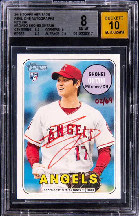 2018 Topps Heritage Real One Autographs Red Ink #ROA-SO Shohei Ohtani Signed Rookie Card (#02/69) - BGS NM-MT 8, Beckett 10