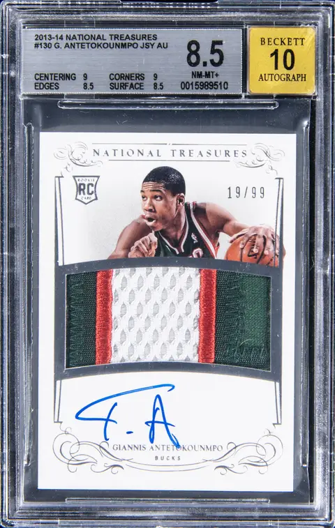 2013-14 Panini National Treasures Rookie Patch Autograph (RPA) #130 Giannis Antetokounmpo Signed Patch Rookie Card (#19/99) - BGS NM-MT+ 8.5, Beckett 10