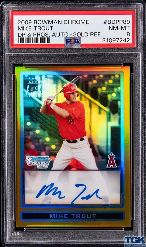 2009 Bowman Chrome Draft Picks & Prospects Autographs Gold Refractor #BDPP99 Mike Trout Signed Rookie Card (#21/50) - PSA NM-MT 8