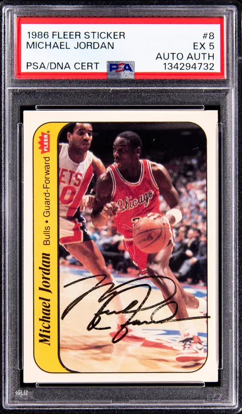 1986-87 Fleer Sticker #8 Michael Jordan Signed Rookie Card - PSA EX 5, PSA/DNA Authentic