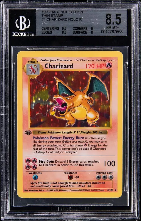 1999 Pokemon Base Set 1st Edition Holo #4 Charizard, Thin Stamp - BGS NM-MT+ 8.5