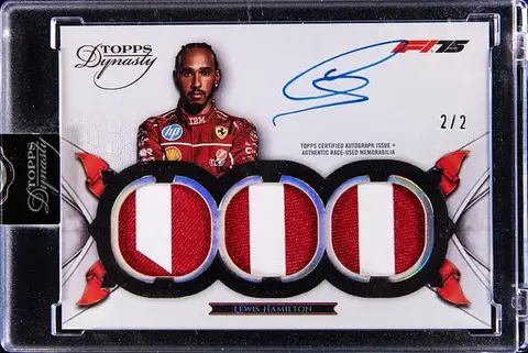 2025 Topps Dynasty F1 Triple Relic Autographs Black #SDTRA-LHAI Lewis Hamilton Signed Race-Used Patch Card (#2/2) - Topps Encased