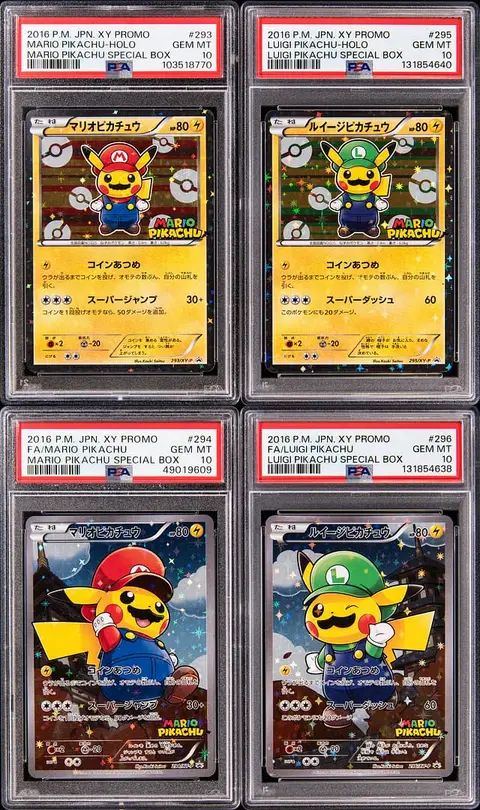 2016 Pokemon Japanese XY Mario Pikachu & Luigi Pikachu Special Box Promo PSA GEM MT 10 Complete Set (4) - Includes Full Art Mario Pikachu, Luigi Pikachu Cards