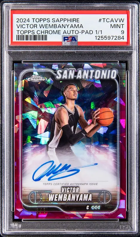 2024-25 Topps Chrome Sapphire Autographs Padparadscha 1/1 #TCA-VW Victor Wembanyama Signed Card - Jersey Number - PSA MINT 9
