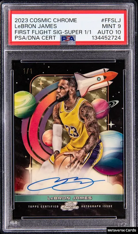 2023-24 Topps Cosmic Chrome First Flight Signatures SuperFractor #FFS-LJ LeBron James Signed Card (#1/1) - PSA MINT 9, PSA/DNA GEM MT 10