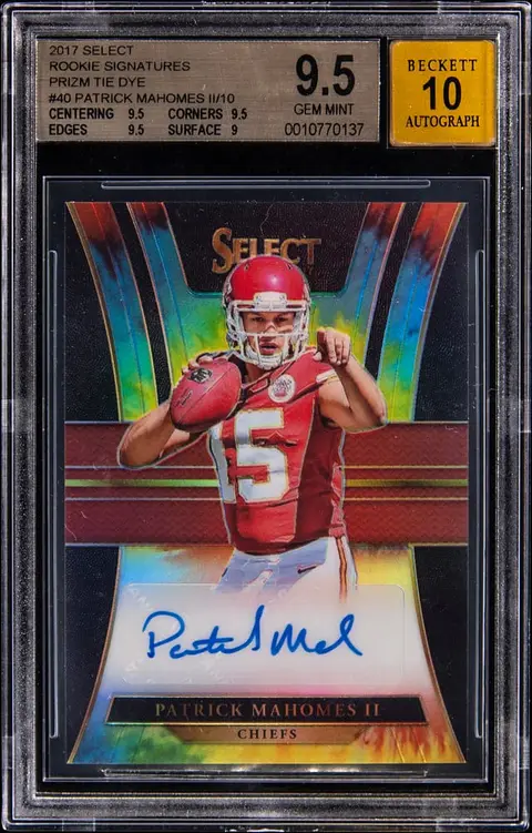 2017 Panini Select Rookie Signatures Tie-Dye Prizm #RS-PM Patrick Mahomes II Signed Rookie Card (#09/10) - BGS GEM MINT 9.5, Beckett 10