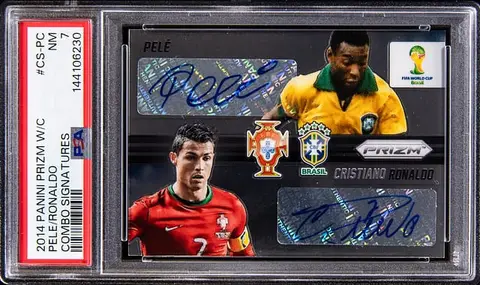 2014 Panini Prizm World Cup Combo Signatures #CS-PC Pele/Cristiano Ronaldo Dual-Signed Card (#07/10) - Ronaldo's Jersey Number - PSA NM 7 - Pop 2