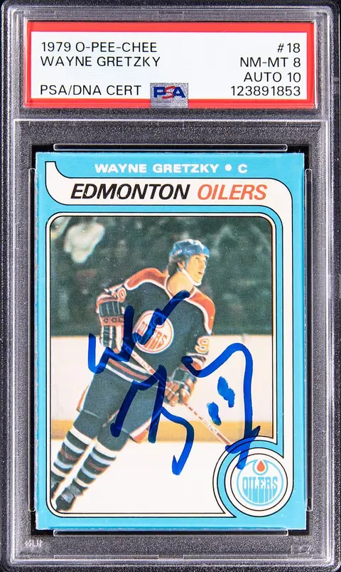 1979-80 O-Pee-Chee #18 Wayne Gretzky Signed Rookie Card - PSA NM-MT 8, PSA/DNA GEM MT 10 - Pop 6