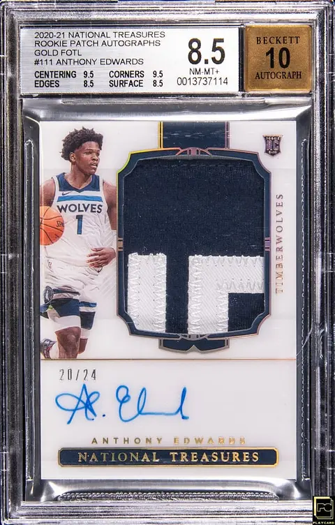 2020-21 Panini National Treasures Rookie Patch Autograph (RPA) Gold FOTL #111 Anthony Edwards Signed Patch Rookie Card (#20/24) - BGS NM-MT+ 8.5, Beckett 10