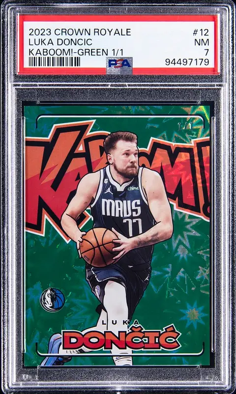 2023-24 Panini Crown Royale Kaboom! Green #12 Luka Doncic (#1/1) - PSA NM 7