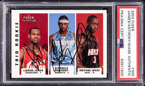 2003-04 Fleer Tradition #300 LeBron James/Carmelo Anthony/Dwyane Wade Multi-Signed Rookie Card - PSA Authentic, PSA/DNA Authentic - Pop 1; Only Signed Copy Validated by PSA/DNA