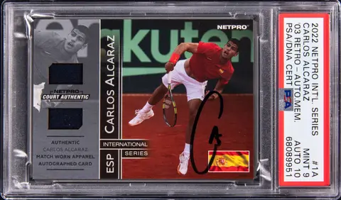 2022 NetPro International Series '03 Retro Autograph Match-Worn Memorabilia #1A Carlos Alcaraz Signed Relic Rookie Card (#45/50) - PSA MINT 9, PSA/DNA GEM MT 10
