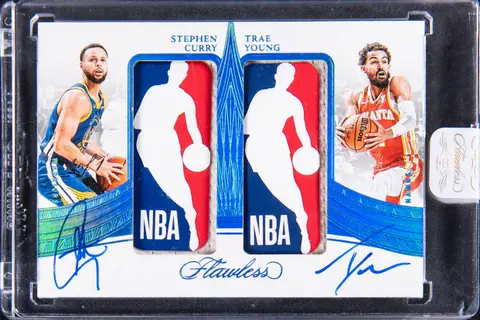 2024-25 Panini Flawless Dual Logoman Autographs #DLA-SCY Stephen Curry/Trae Young Dual-Signed Patch Card (#1/1) - Panini Encased