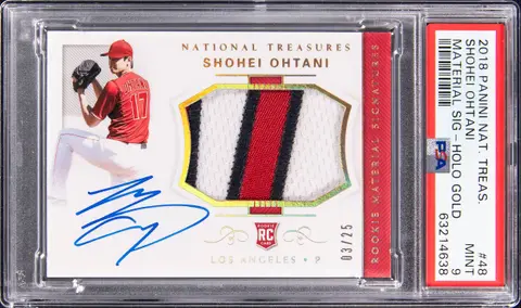 2018 Panini National Treasures Material Signatures Holo Gold #48 Shohei Ohtani Signed Patch Rookie Card (#03/25) - PSA MINT 9 - Pop 2