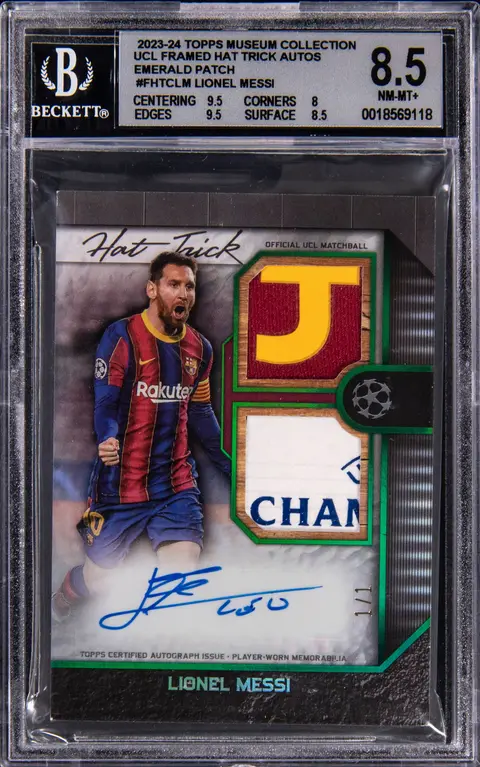 2023-24 Topps Museum Collection UCL Framed Hat Trick Autographs Emerald Patch #FHTC-LM Lionel Messi Signed Patch Card (#1/1) - BGS NM-MT+ 8.5, Beckett 10