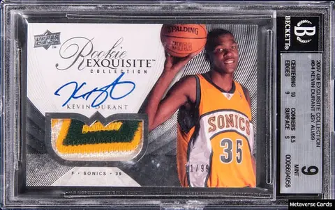 2007-08 Upper Deck Exquisite Collection Rookie Patch Autograph (RPA) #94 Kevin Durant Signed Patch Rookie Card (#81/99) - BGS MINT 9, Beckett 10