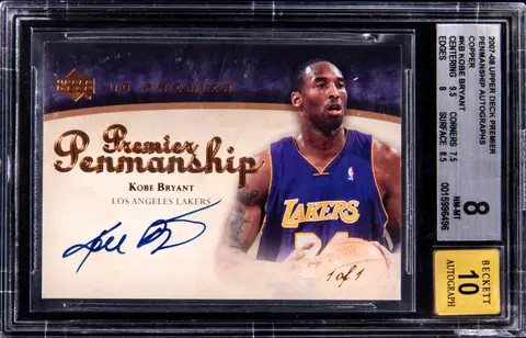 2007-08 Upper Deck Premier Penmanship Autographs Copper #PEN-KB Kobe Bryant Signed Card (#1/1) - BGS NM-MT 8, Beckett 10