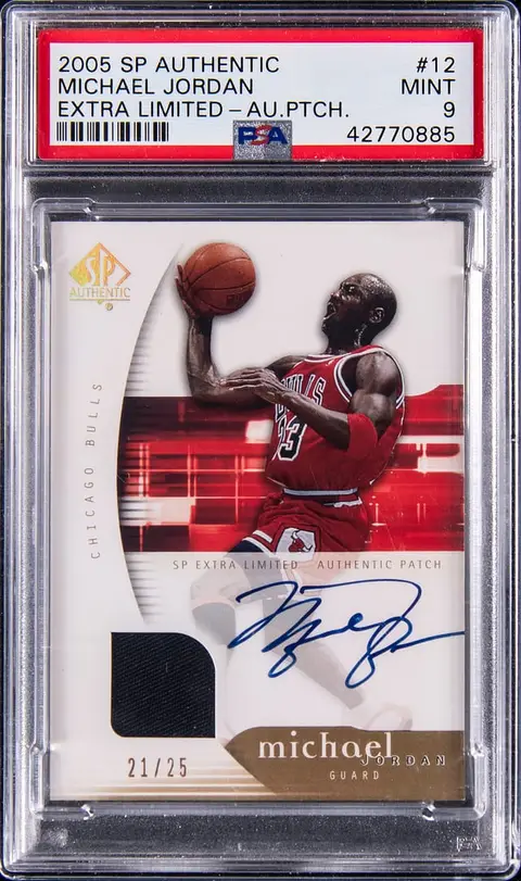 2005-06 Upper Deck SP Authentic Extra Limited Autograph Patch #12 Michael Jordan Signed Game-Used Patch Card (#21/25) - PSA MINT 9 - Pop 1