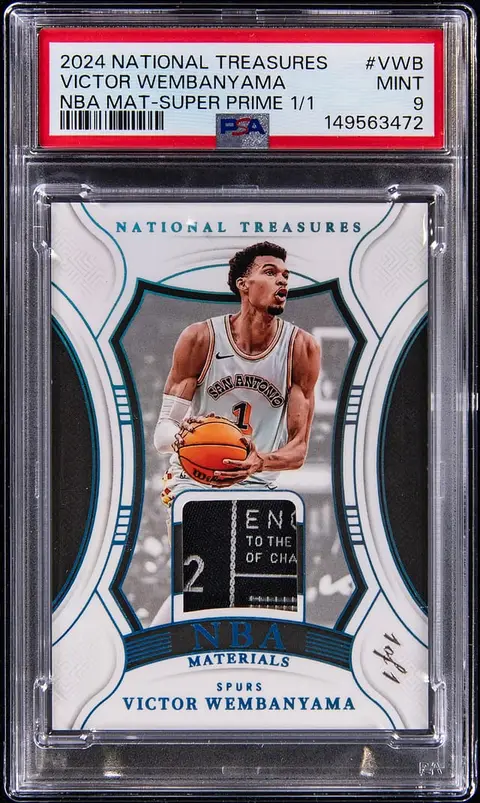 2024-25 Panini National Treasures NBA Materials Super Prime #NBA-VWB Victor Wembanyama Patch Card (#1/1) - Jersey Number - PSA MINT 9