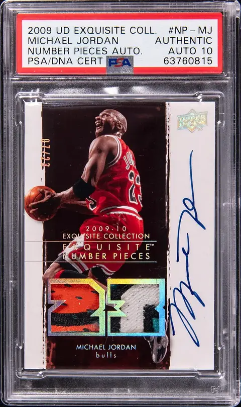 2009-10 Upper Deck Exquisite Collection Number Pieces Autographs #NP-MJ Michael Jordan Signed Game-Used Patch Card (#07/23) - PSA Authentic, PSA/DNA GEM MT 10