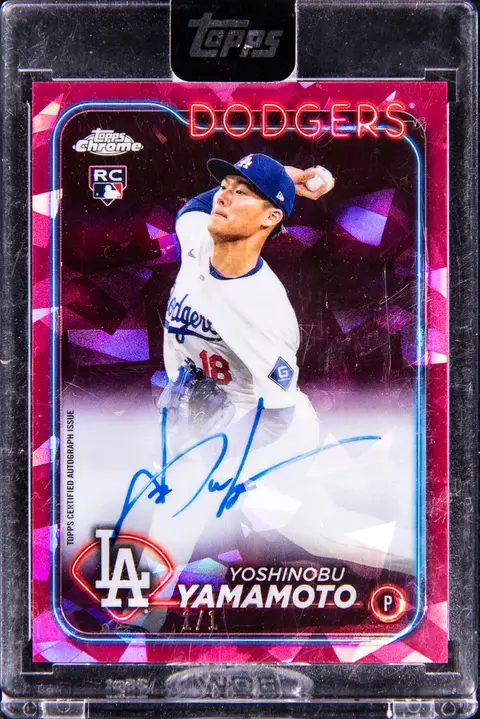 2024 Topps Chrome Update Sapphire Edition Autographs Padparadscha #USA-YY Yoshinobu Yamamoto Signed Rookie Card (#1/1) - Topps Encased