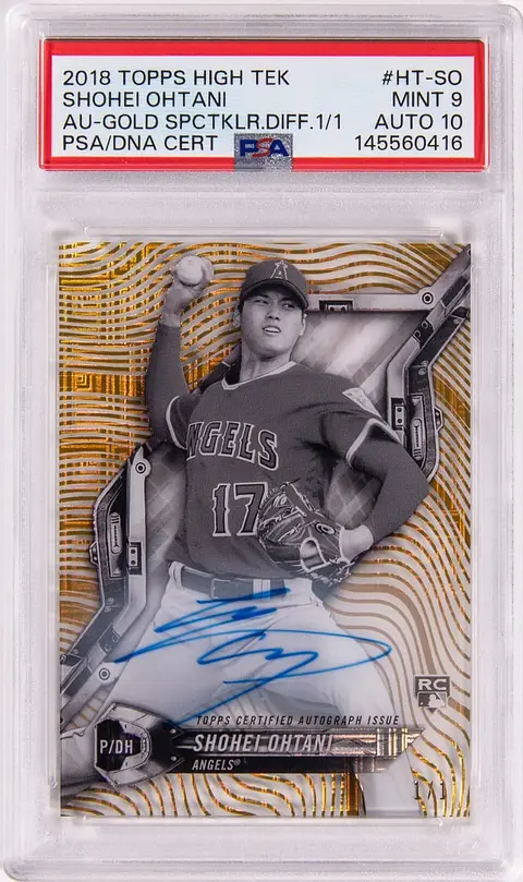 2018 Topps High Tek Autographs Gold SpecTEKular Diffractor #HT-SO Shohei Ohtani Signed Rookie Card (#1/1) - PSA MINT 9, PSA/DNA GEM MT 10
