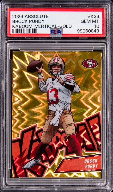 2023 Panini Absolute Kaboom! Vertical Gold #K33 Brock Purdy (#06/10) - PSA GEM MT 10 - Pop 3