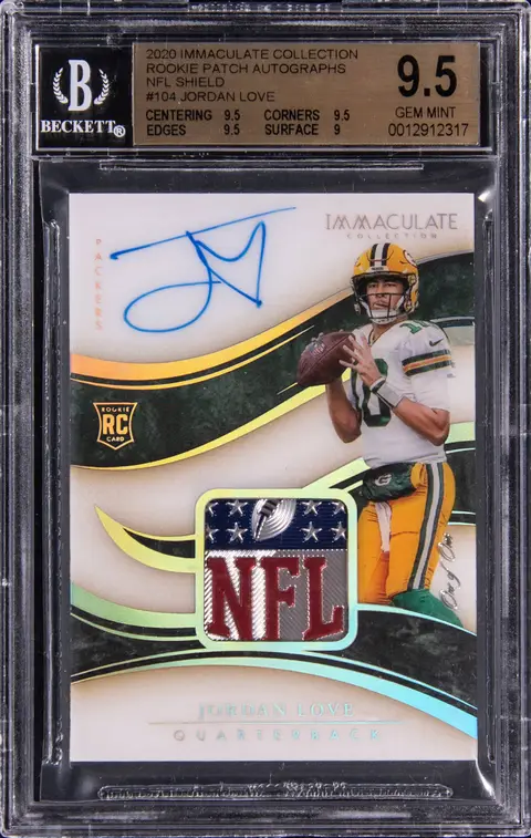 2020 Panini Immaculate Collection Rookie Patch Autograph (RPA) NFL Shield #104 Jordan Love Signed Patch Rookie Card (#1/1) - BGS GEM MINT 9.5, Beckett 10